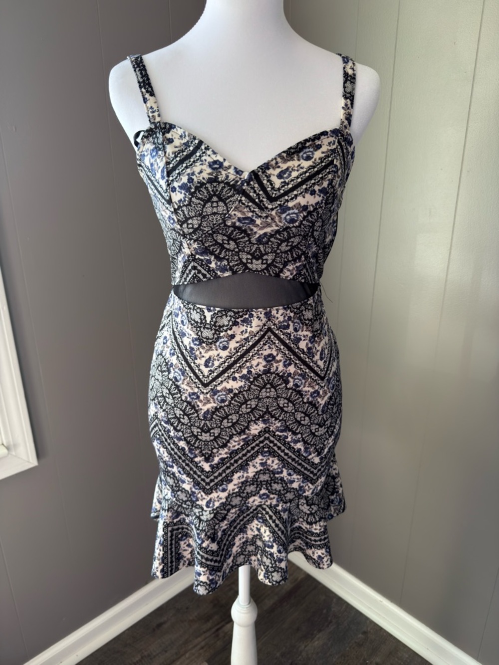 Fire Los Angeles Navy and White Printed Cutout Dress